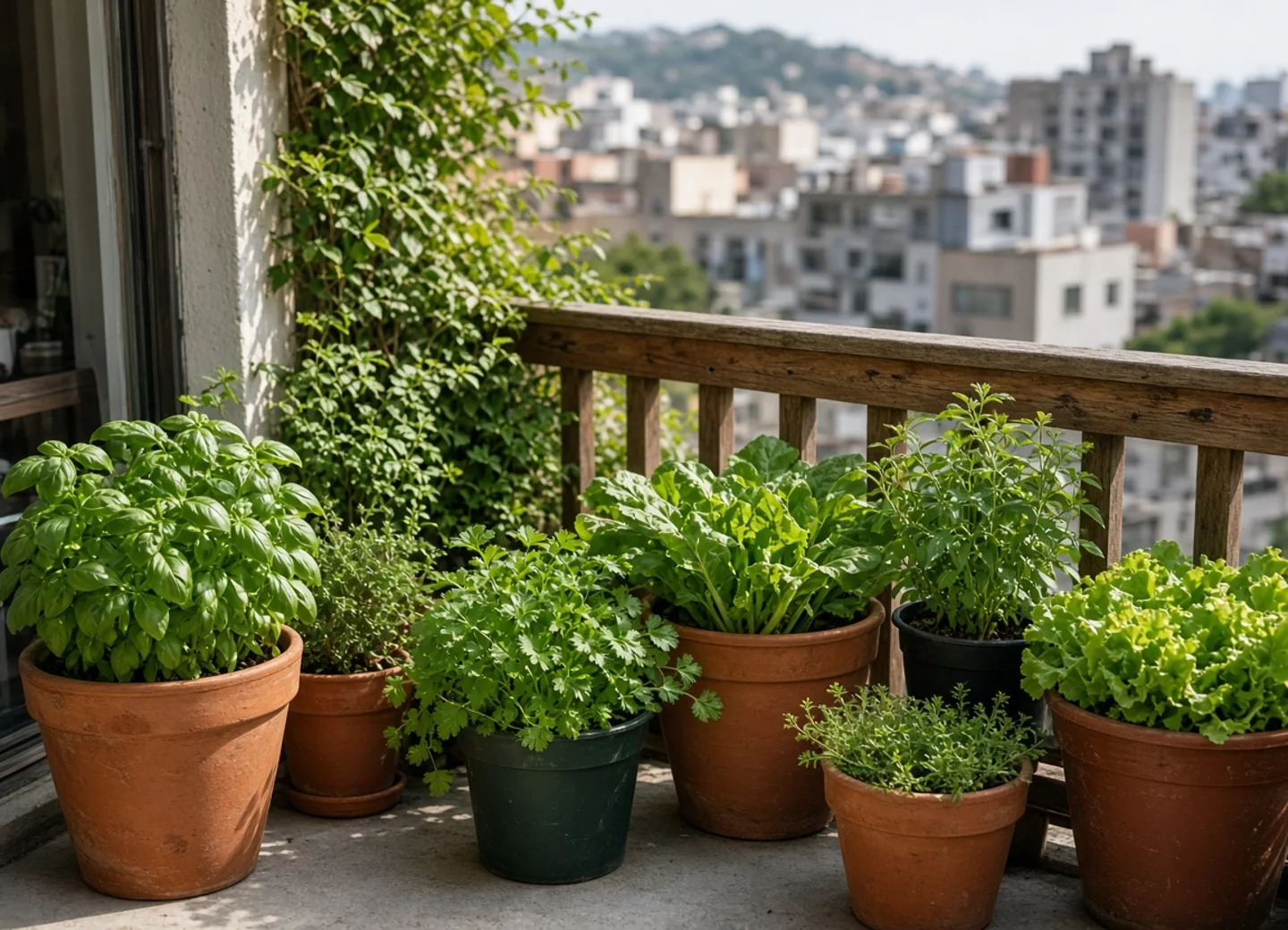 Huerto urbano en balcón con macetas y plantas