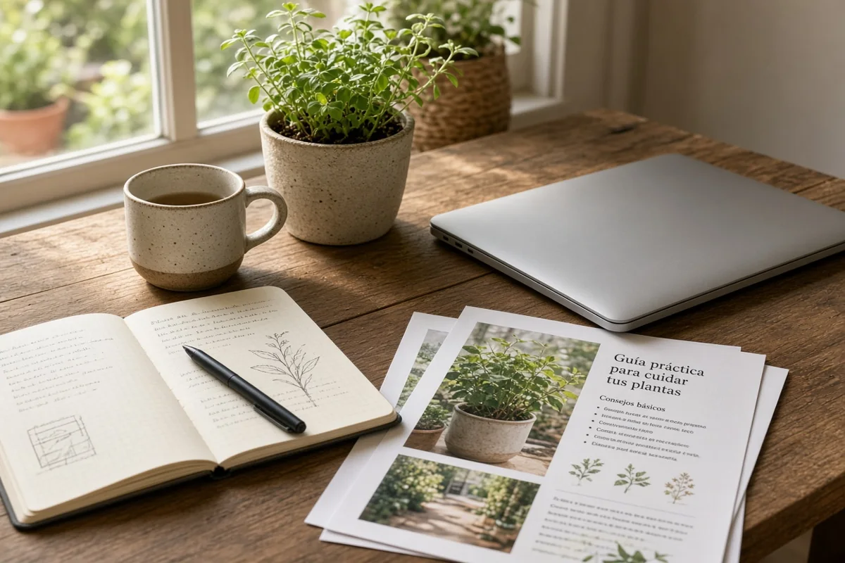 Espacio de trabajo editorial con cuaderno, planta y luz natural